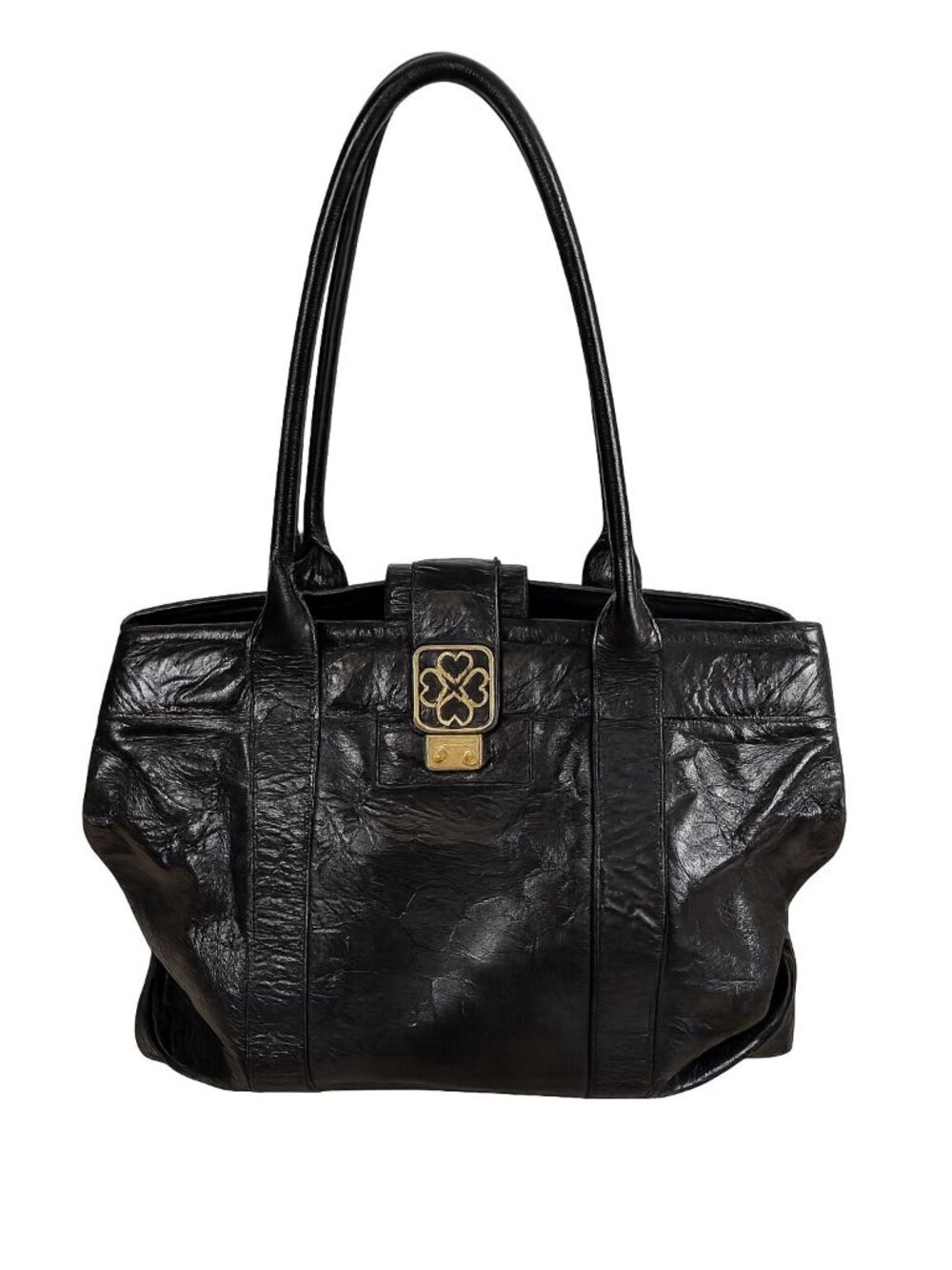 L.K. Bennett Black Leather Tote Bag Gold Clover Medallion Purse Shoulder Straps